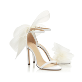 Asymmetric Bow Embellished Satin High Heel Sandals